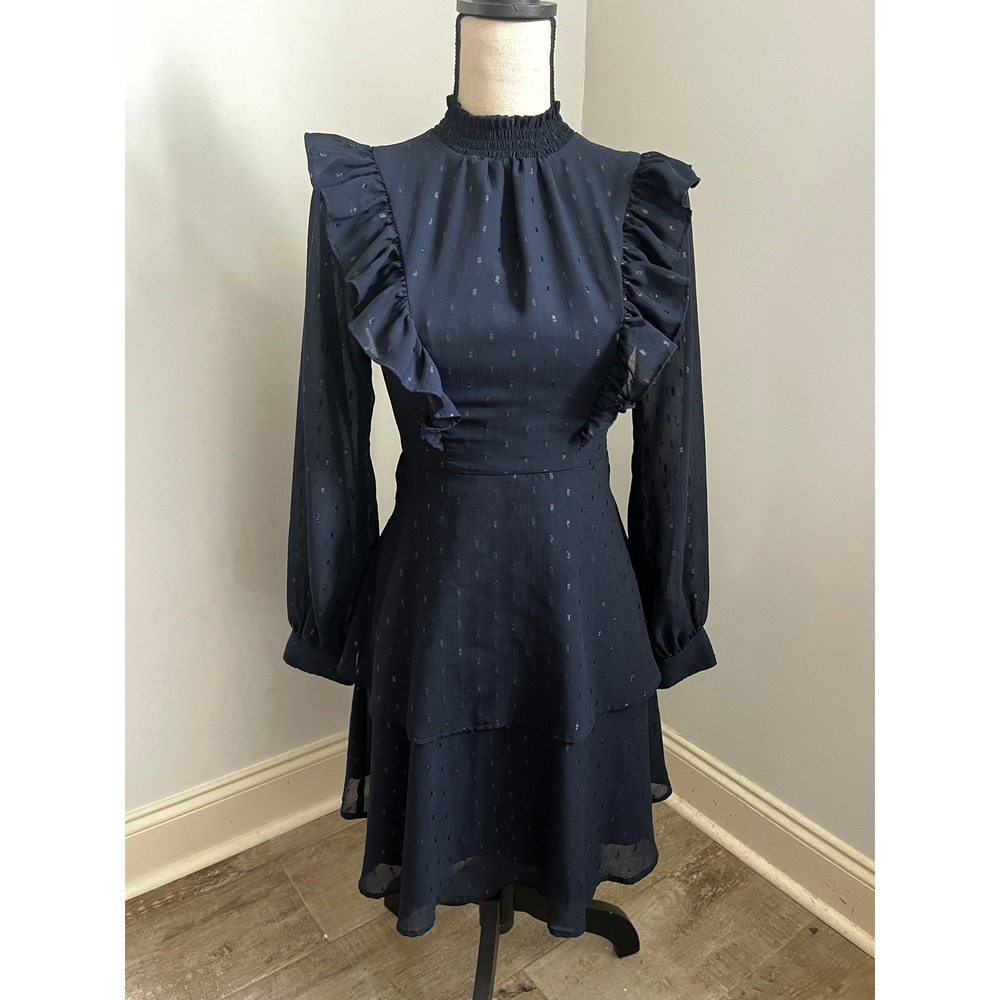 Express Ruffle Tiered Party Dress XXS Silver Navy Blue Boho Victorian Romantic